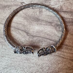Adjustable Norse Viking Dragon Head Silver Tone Open Dragon Bangle Bracelet